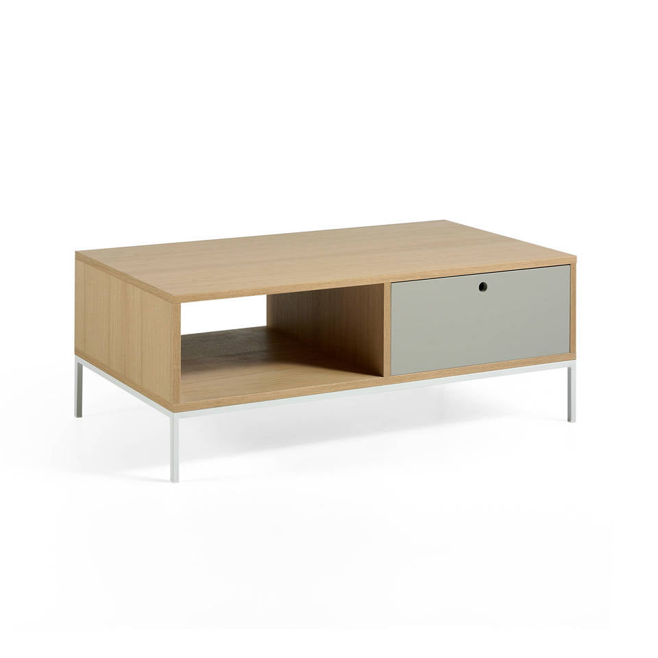 RECTANGULAR COFFEE TABLE OAK AND WHITE STEEL