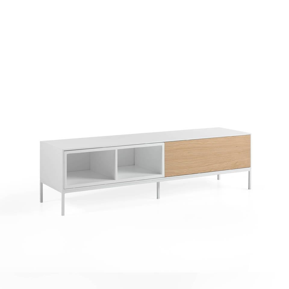 Mueble TV de madera blanca, roble y acero blanco Mueble TV de madera blanca, roble y acero blanco
