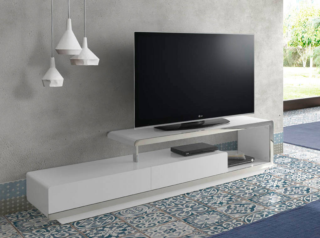 Mueble TV de DM lacado con frontal de acero inoxidable - Muebles de