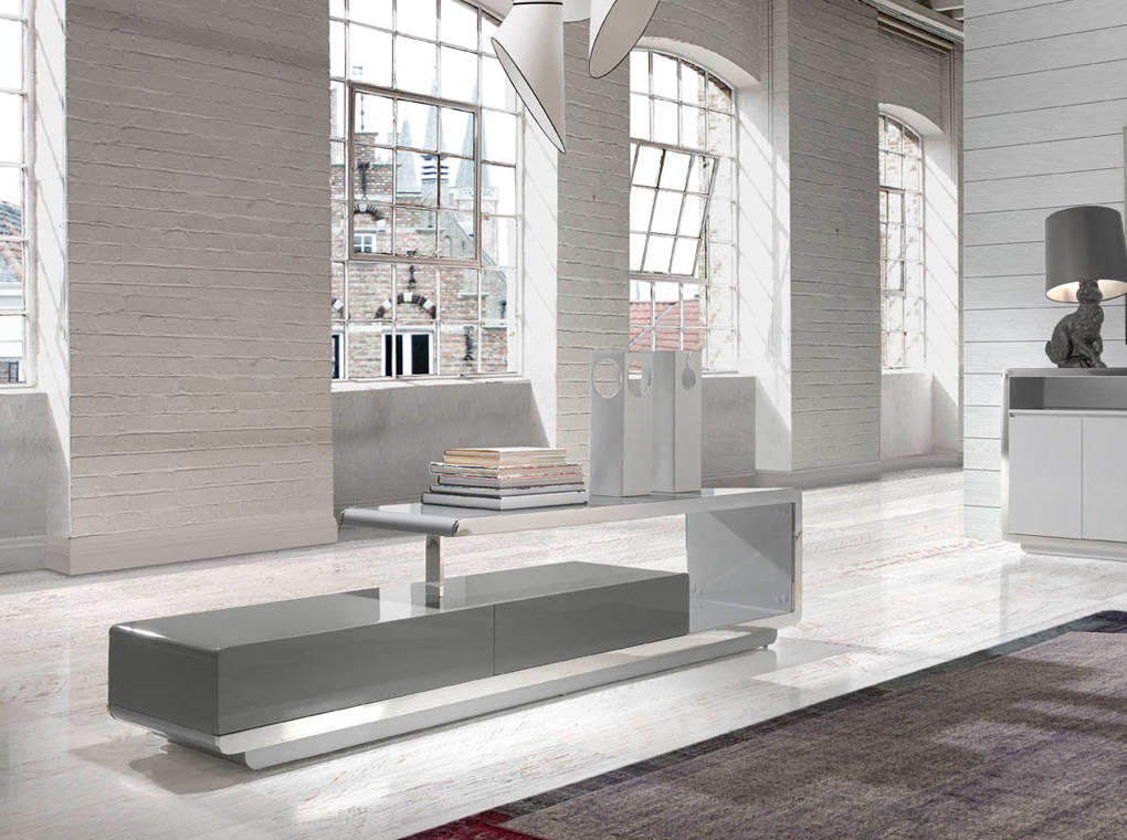 Mueble TV de DM lacado con frontal de acero inoxidable - Muebles de