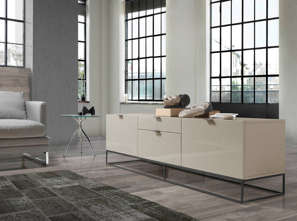 Mueble TV en DM lacado con estructura de acero negro - Muebles de