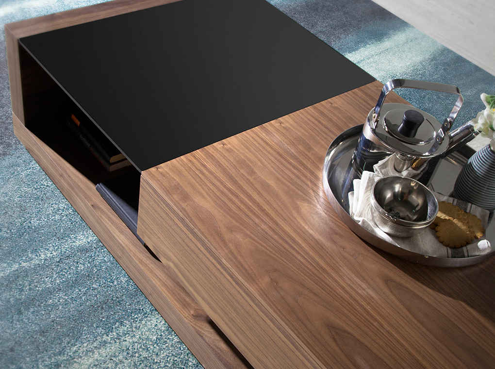 Walnut Wood Coffee Table And Black Stained Glass With Drawer Angel Cerdá Walnut Wood Coffee Table And Black, Wood And Glass Coffee Table Dark Walnut
