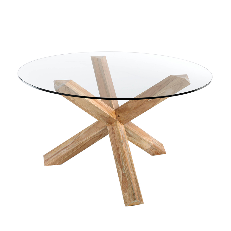 Round Tempered Glass And Teak Wood, Glass Top Wooden Legs Dining Table